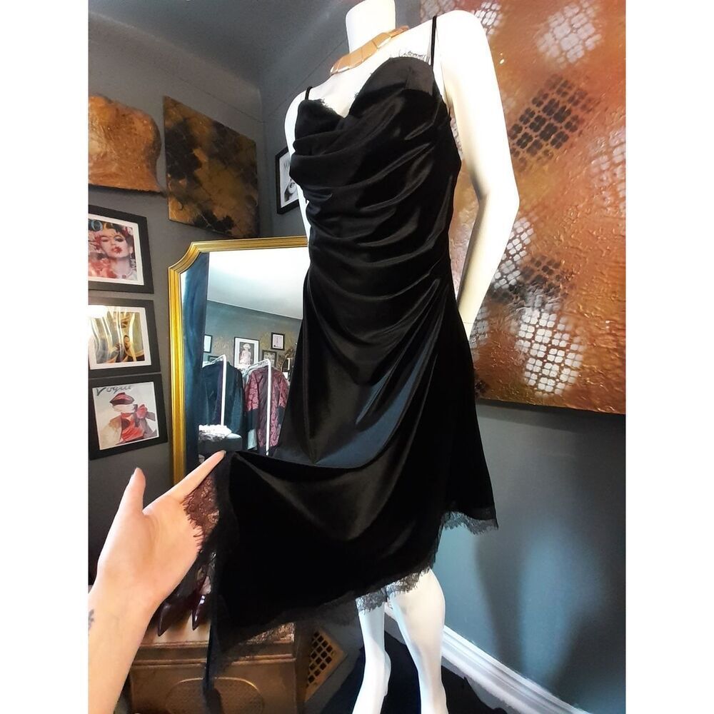 Zara Nwt Black Velvet Asymmetric Slip Dress with Lace Trim - Picture 11 of 16